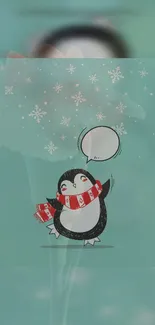 Cute penguin in red scarf with snowflakes on teal background.