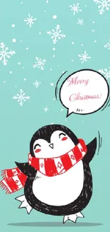 Cute penguin with scarf in snow.