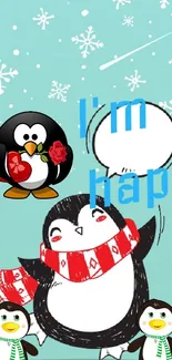 Adorable penguin winter wallpaper with snowflakes and cartoon characters.