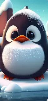 Adorable cartoon penguin on icy waters in a winter wonderland.