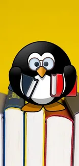 Cute penguin sitting on colorful books with yellow background.