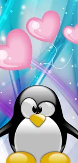 Cute penguin with pink heart balloons on a colorful background.