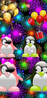 Cute penguins with balloons and fireworks background