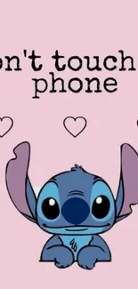 Cute cartoon wallpaper with 'Don't touch my phone' text on pink background.