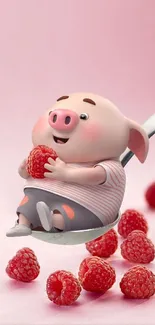 Cute cartoon pig with raspberries on pink background.