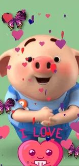 Adorable pig surrounded by colorful butterflies and hearts on a light green background.