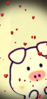 Cute pig with red hearts on cream background mobile wallpaper.