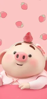 Cartoon pig with strawberries on a pink background.