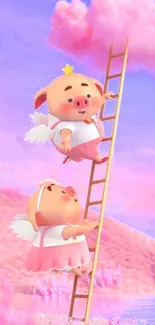 Charming pig angels climbing ladder in a pink pastel landscape.