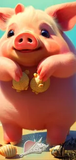 Adorable pig on beach with seashells, perfect phone wallpaper.