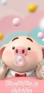 Cute pig blowing bubblegum in pastel colors.