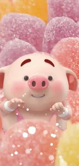 Cute animated pig surrounded by colorful candies.