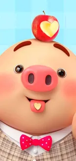 Cute pig cartoon with heart-shaped apple on head.