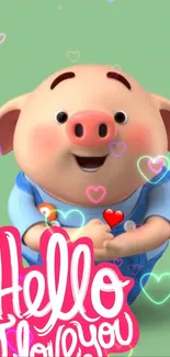 Cartoon pig with hearts and 'Hello' text on mint green background.