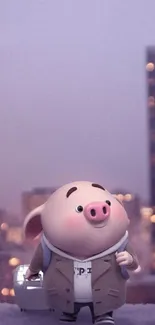 Adorable pig in a city background with soft city lights.