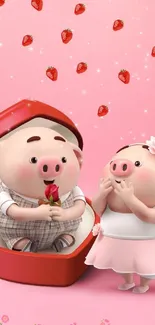 Cute pig couple with a pink strawberry background.