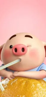 Cute cartoon pig drinking lemonade on pink background.