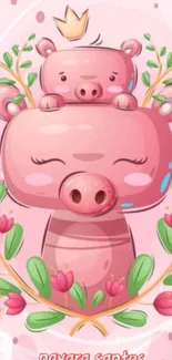 Cute pink pig family wallpaper with floral design.