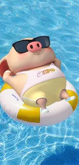 3D pig with sunglasses on a float in a pool.