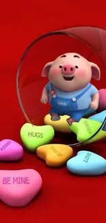 Cute pig surrounded by colorful heart candies on a red background.