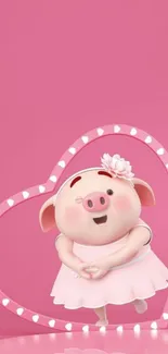 Adorable pink pig with heart decoration in pink theme wallpaper.