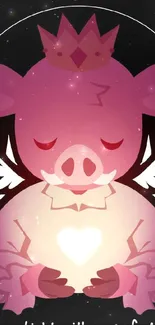 Cute pig with crown holding a glowing heart on a pink background.