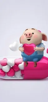 Cute cartoon pig with heart on pink capsule, mobile wallpaper.