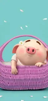 Cartoon piglet resting in a purple basket with teal background.