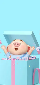 Cute pig emerging from a pastel gift box with confetti.