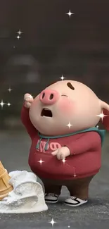 Cute cartoon pig drops ice cream cone on the ground.