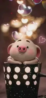 Cute piglet in polka dot mug with glowing heart bokeh.