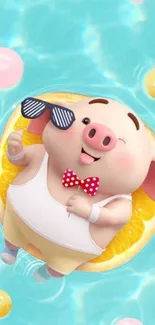 Cute pig floating on orange slice in a pool.