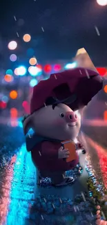 Cartoon pig with umbrella in vibrant rainy night scene.