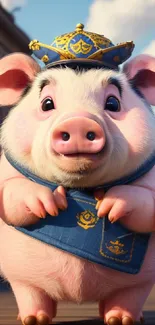 Cute pig in royal attire with a blue outfit and hat.