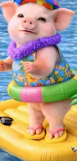 Cartoon pig in summer attire on pool float with blue water background.