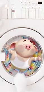 Cute cartoon pig inside a washing machine.