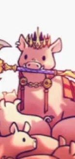 Cute pig king with axe leading herd. Fantasy art.