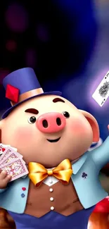 Cute pig magician with playing cards in a whimsical setting.