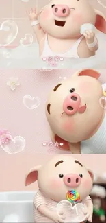 Cute animated pig in bathtub scene wallpaper.