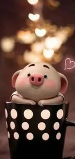 Adorable pig in polka dot mug with glowing hearts, perfect for mobile wallpaper.