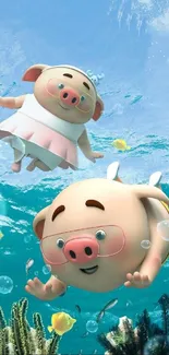 Cute cartoon pigs swimming underwater in a vibrant ocean scene.