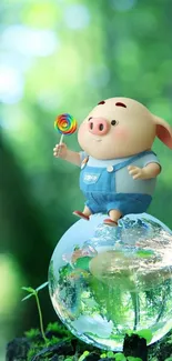 Cute pig sits on a glass globe, holding a lollipop, with a green nature background.