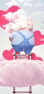 Cute cartoon pig on a cloud with pink hearts.