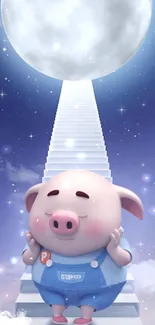 Adorable pig on celestial stairway with moon and starry sky.