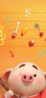 Cute pig playing guitar on an orange background wallpaper.