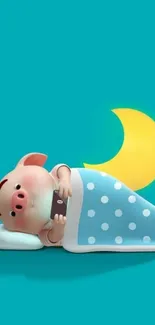 Cute cartoon pig sleeping under a blanket with a moon in the background wallpaper.