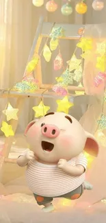 Cute pig with star decorations in a whimsical, pastel-themed mobile wallpaper.