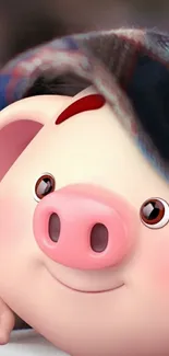 Cute cartoon pig under a blanket, smiling warmly.