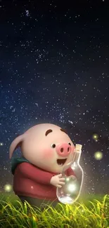 Cute pig holding a glowing bottle under a starry sky.