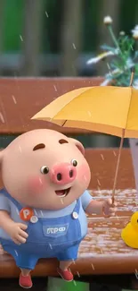 Cute pig with yellow umbrella and rubber duck on rainy day.